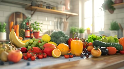 A vibrant assortment of fresh fruits and vegetables displayed on a kitchen counter