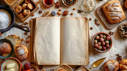 empty cookbook with baking ingredients arround for recipe posting