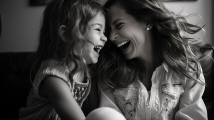 Fototapeta premium Mother and daughter having fun laughing on the sofa