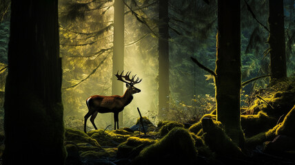 silhouette of forest and deer