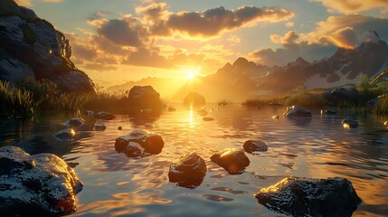 A picturesque scene unfolds as the sun sinks low, casting its golden light upon the submerged stones in the quiet embrace of dusk