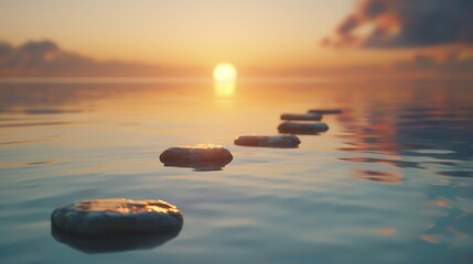 A serene evening unfolds as the sun dips below the horizon, casting a soft glow upon the submerged stones in the tranquil lake
