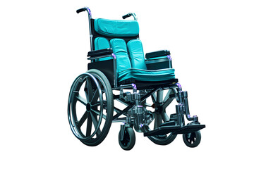 Empty blue wheelchair of Hospital isolated on cut out PNG or transparent background. For sending sick people to hospitals or wheelchair for disabled. Realistic clipart template pattern.