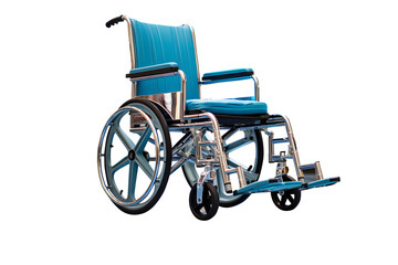 Fototapeta na wymiar Empty blue wheelchair of Hospital isolated on cut out PNG or transparent background. For sending sick people to hospitals. Realistic clipart template pattern. 