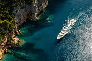 Fototapeta premium A large white tourist yacht sails along the cliffs. Mediterranean coast, tourism, cruise