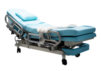 Empty blue bed of Hospital with pillow and blanket isolated on cut out PNG or transparent background. For use in hospital room awaits treatment from doctor. Patient room background, insurance concept.