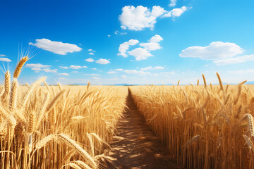 Picture of landscape wheat ears yellow evening sunlight with white clouds and clear sky in background. Realistic wheat ears clipart template pattern. Showing walkway in middle of wheat field.