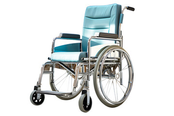 Empty blue wheelchair of Hospital isolated on cut out PNG or transparent background. For sending sick people to hospitals. Realistic  clipart template pattern. - obrazy, fototapety, plakaty