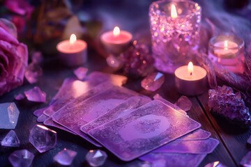 Obraz na płótnie Canvas There are cards, candles and crystals in pink tones on the table, creating an atmosphere of mysticism and mystery. There is an aura of predictions and spiritual immersion here