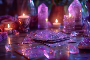 There are cards, candles and crystals in pink tones on the table, creating an atmosphere of mysticism and mystery. There is an aura of predictions and spiritual immersion here - obrazy, fototapety, plakaty