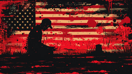 Soldiers silhouette with a grunge American flag Vector illustration