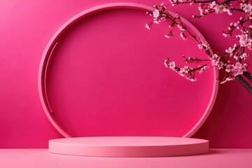 Product packaging mockup photo of japanese style minimal background. Pink podium and cherry blossom background for product presentation, studio advertising photoshoot
