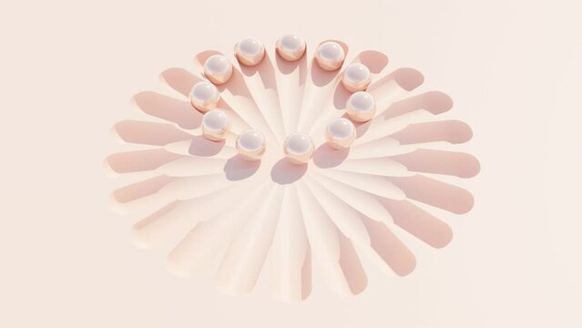 Abstract 3D design. Eleven Peach-Colored Balls Rolling in Eleven Grooves, Creating a Synchronized Ballet