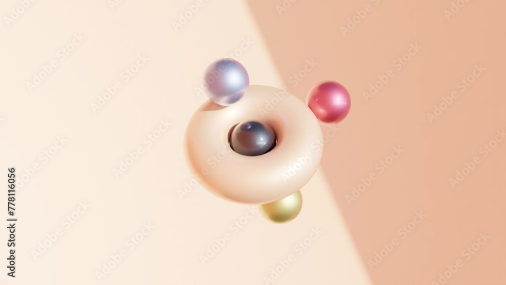 Poster abstract 3d animation: peach-colored torus with rotating multicolored spheres on peach-colored backg