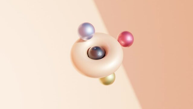 Abstract 3D animation: Peach-Colored Torus with Rotating Multicolored Spheres on Peach-Colored Background