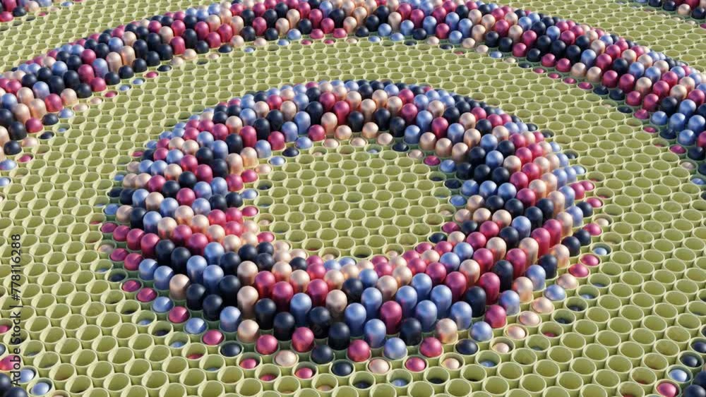 Aufkleber abstract 3d motion graphic. plane with circular holes, elevating and descending multicolored balls s