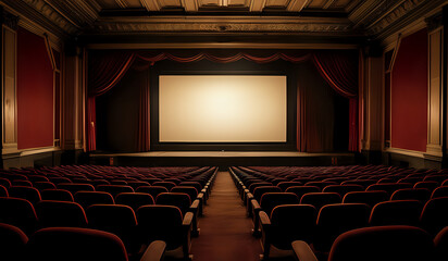 Cinema theater empty indoor. Film projection. Movie event festival show.