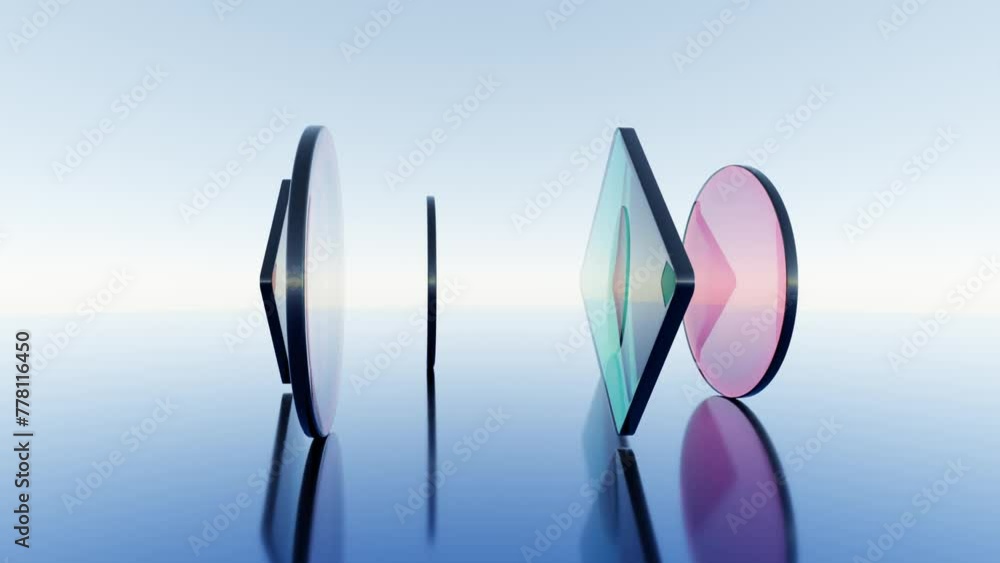 Aufkleber abstract 3d modern. transparent disks and square plates rotating in circles on mirrored surface