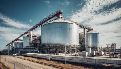 Fototapeta na wymiar A vast industrial complex with a massive LNG storage tank designed for holding liquified natural gas at low temperatures, showcasing modern energy