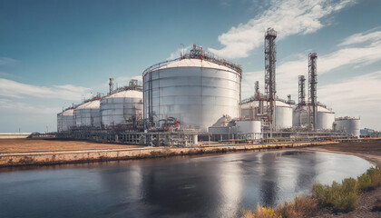 A vast industrial complex with a massive LNG storage tank designed for holding liquified natural gas at low temperatures, showcasing modern energy