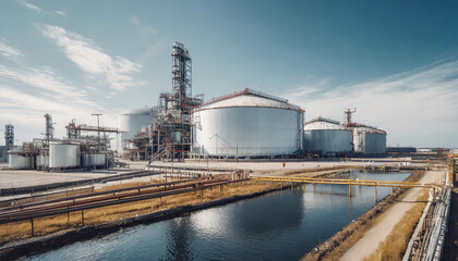 A vast industrial complex with a massive LNG storage tank designed for holding liquified natural gas at low temperatures, showcasing modern energy