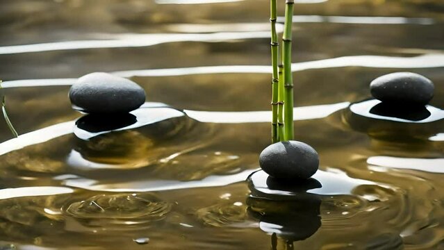 bamboo and spa stones balance on calm water, claming spa videos, calming ambient videos, relaxing videos, seamless looping 4k videos, youtube, stock videos, asmr videos, calming nature videos, ai	