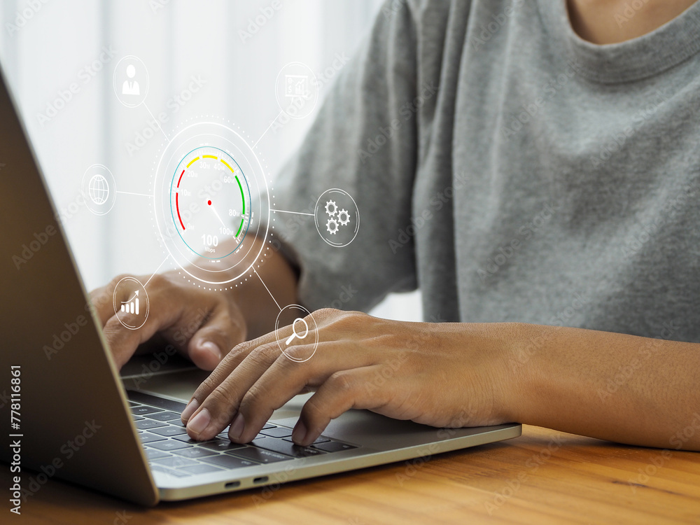 Poster fast internet connection with high speed internet speed test. to work online on your laptop 5g high 