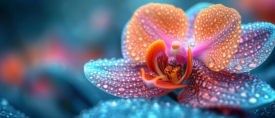 a close up of a blue and orange flower with drops of water on the petals and a blurry background.