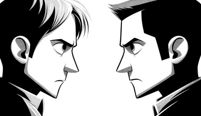 Two men face off with intense expressions, highlighting a conflict or confrontation.