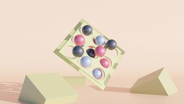 Abstract 3D background: Flat Plate with Nine Holes, Synchronously Moving Multicolored Balls Through Them