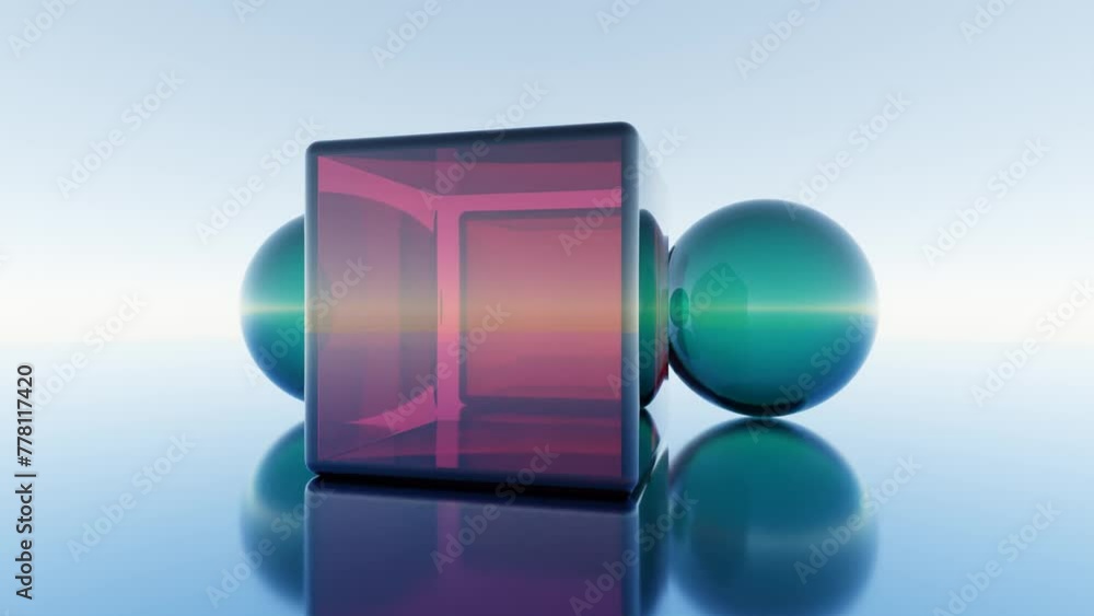 Aufkleber abstract 3d design. transparent spheres and cubes of different colored glass rotating in circles on 