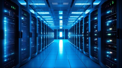 A high-tech computer server room with glowing lights