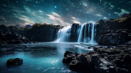 A luminous waterfall under a starry sky