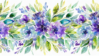 Bouquet border - green leaves and gold violet purple blue flowers on white background. Watercolor hand painted seamless border. Floral illustration. Foliage pattern - obrazy, fototapety, plakaty