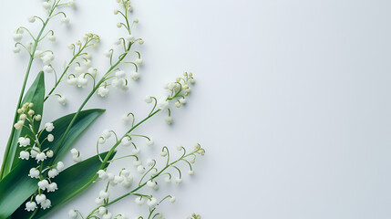 White baby's breath flowers on a white background ,green leaves on white background simulating a space for summer
