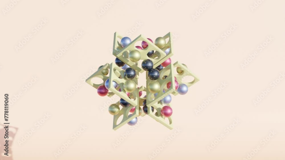 Poster abstract 3d render. plates with holes floating in space, synchronously moving balls through the hole
