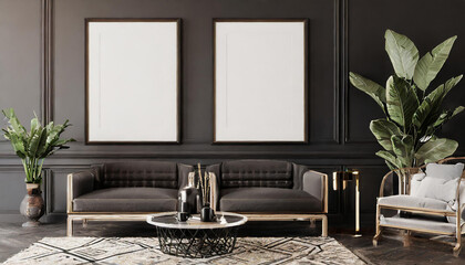 double Mockup frame in black living room interior with retro decor, 3d render