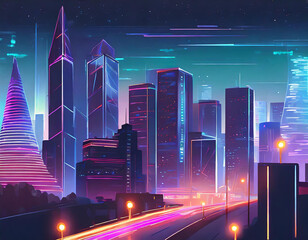 Dynamic cityscape at night, neon lights