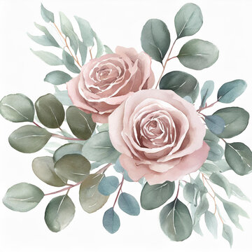 Dusty pink roses flowers and eucalyptus leaves. Watercolor  floral banner. Wedding, greetings, wallpapers, fashion, home decoration. Hand painted illustration