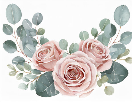 Dusty pink roses flowers and eucalyptus leaves. Watercolor floral wreath. Foliage arrangement for wedding invitations, greetings, fashion, decoration. Hand painted illustration