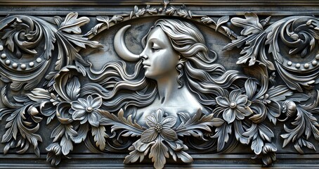 An ornate mirror with an etched image of a young woman with long hair reaching for a crescent moon and beautiful flower patterns all around