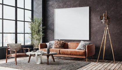 Frame mockup in living room loft, industrial style ,3d render