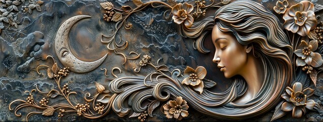 An ornate mirror with an etched image of a young woman with long hair reaching for a crescent moon and beautiful flower patterns all around - obrazy, fototapety, plakaty