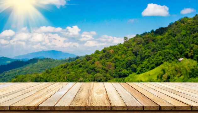 Empty wooden table for product and blurred fresh landscape nature background