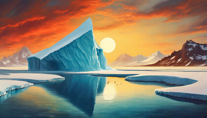 Global warming effect on polar fauna, melting ice habitats, minimalist - obrazy, fototapety, plakaty