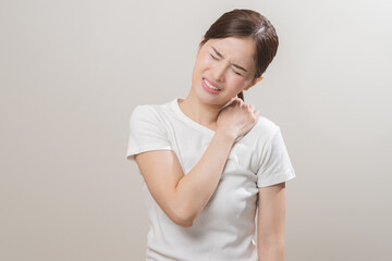 Pain body muscles stiff problem, asian young woman, girl painful with back, neck ache from work...