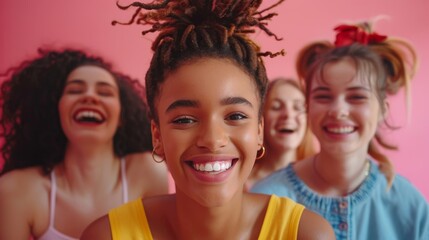 Young people from diverse backgrounds laugh and have fun against dynamic studio settings