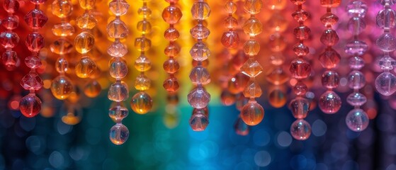 a group of multicolored beads hanging from a string in front of a multi - colored background of blurry lights. - obrazy, fototapety, plakaty