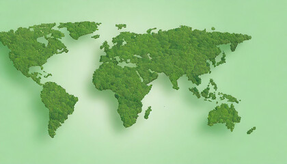 Green World Map- 3D tree or forest shape of world map isolated on light green background with copy space, the Earth Day concept.