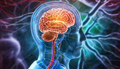 Human brain stroke concept. Clogged vein in brain. 3d illustration.